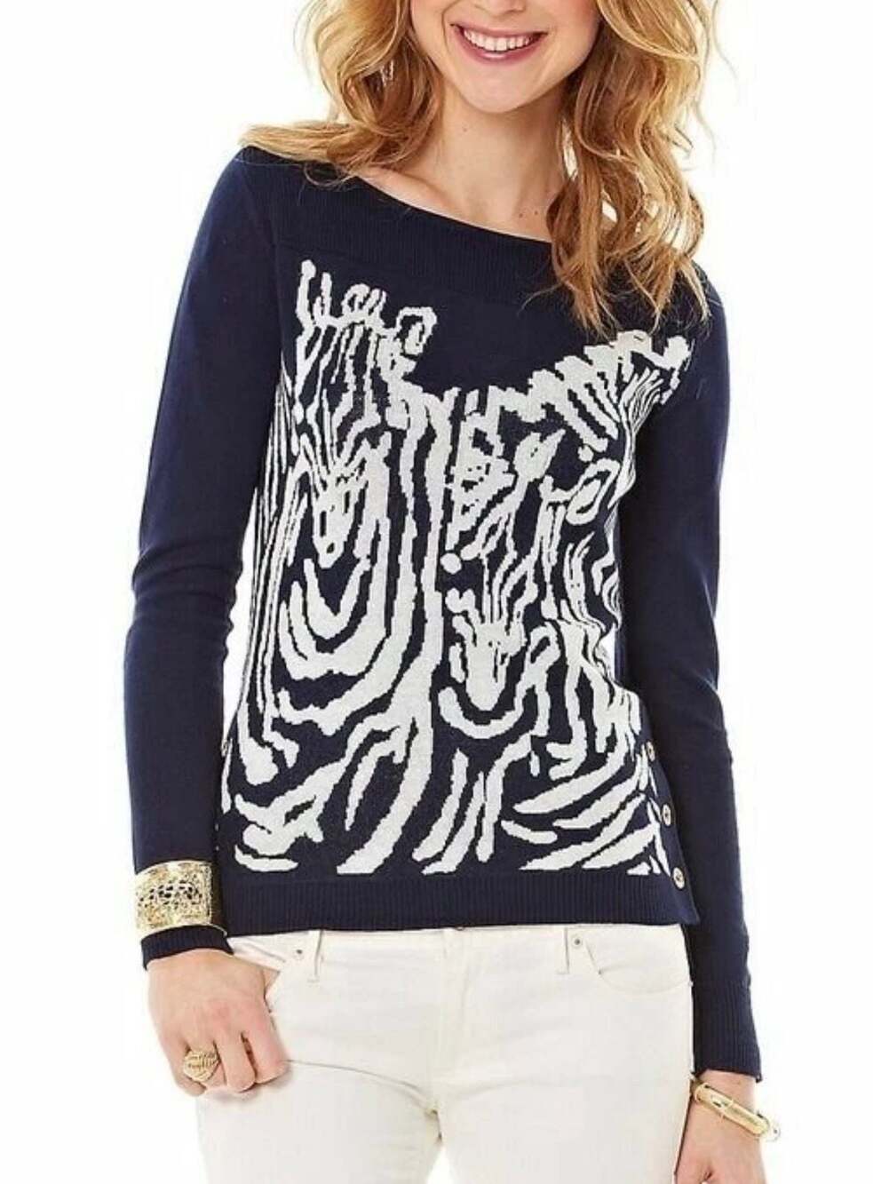 Lilly Pulitzer 100% Cotton Nila True Navy Zebra Jacquard Boatneck Sweater Size M
